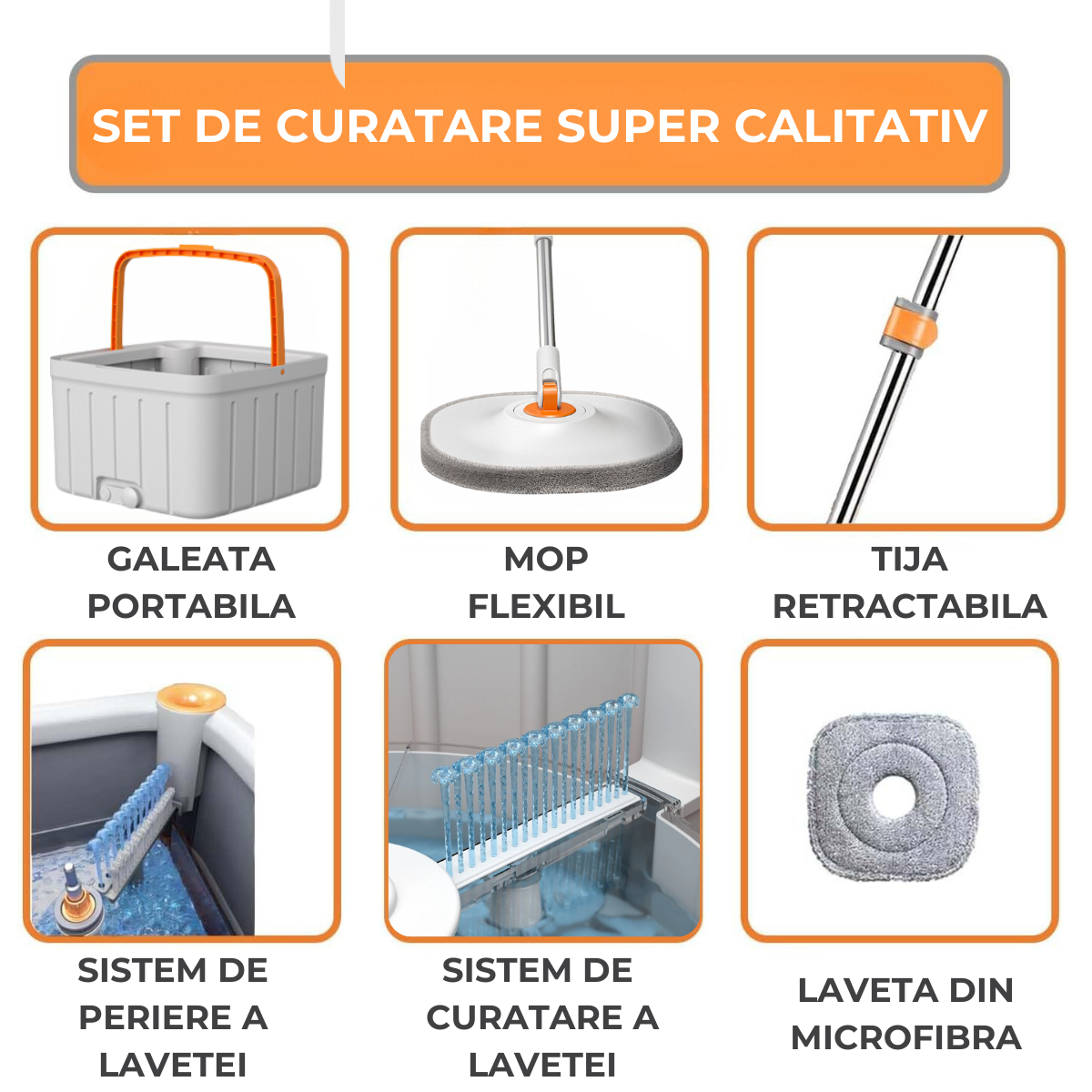 Set mop rotativ Dreamramp® Rotund Alb-Portocaliu cu 2 rezerve din microfibră