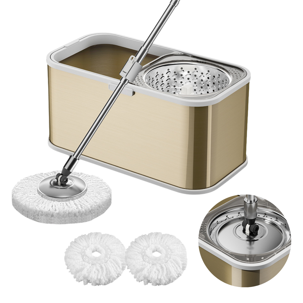 Mop rotativ cu găleată Dreamramp® Inox Auriu – găleată din inox cu centrifugă și mop