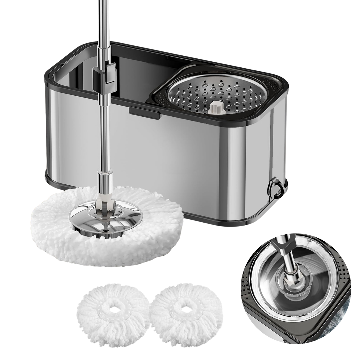 Mop rotativ cu găleată Dreamramp® Inox Integral Argintiu, pe roți