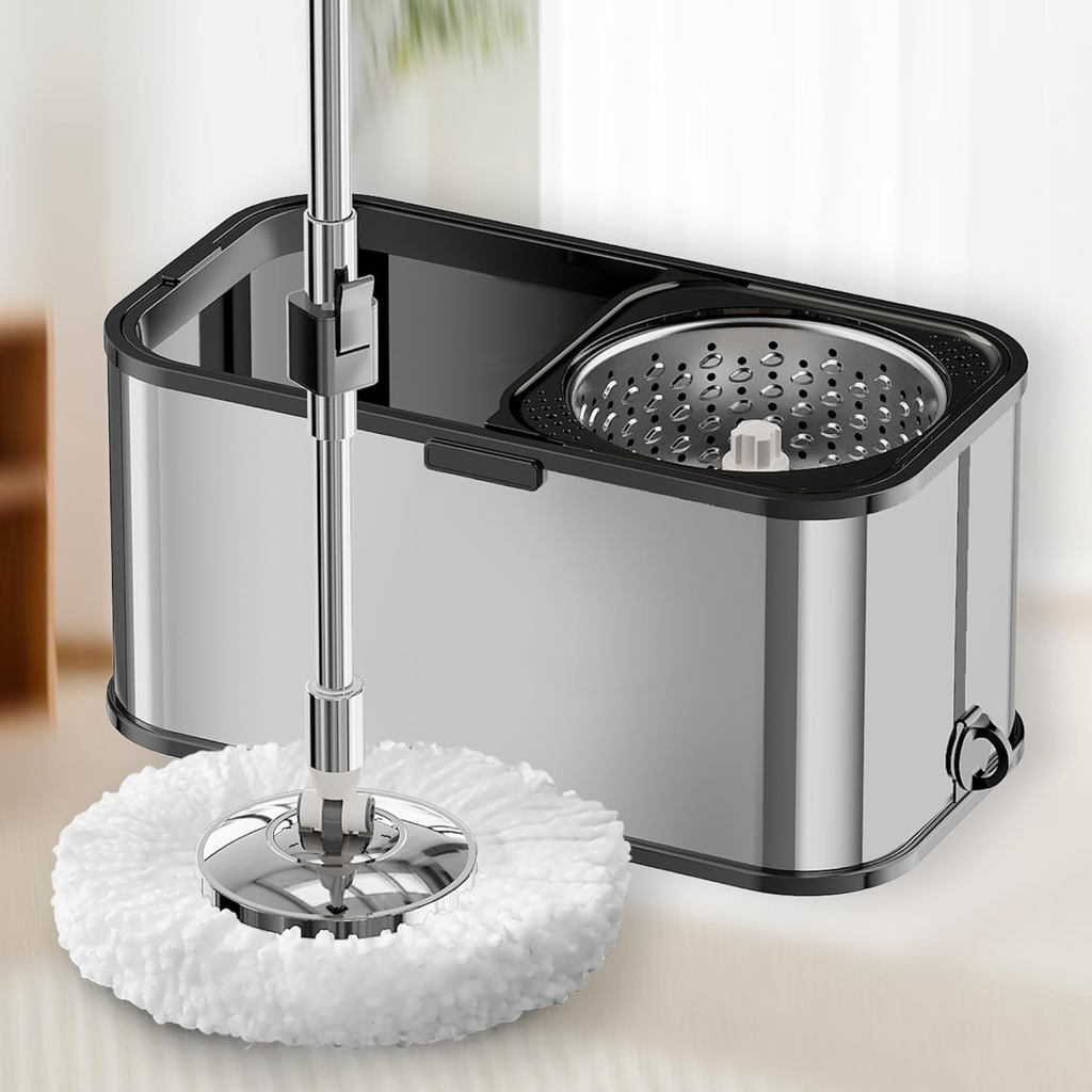 Set mop rotativ cu găleată argintie integral din inox Dreamramp®