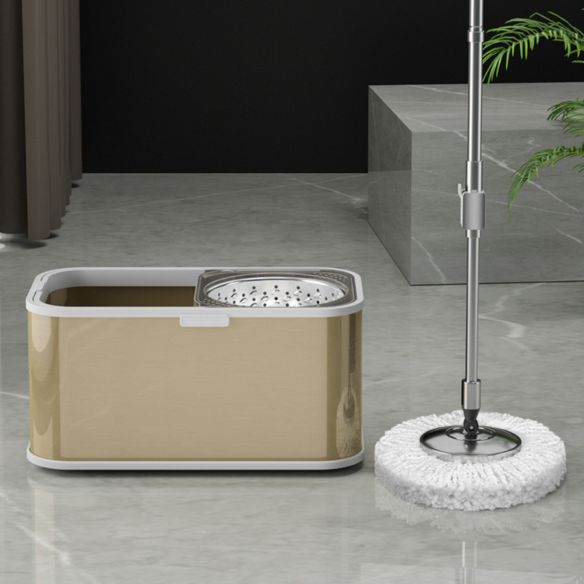 Mop rotativ cu găleată din inox auriu Dreamramp® – centrifugă și lavetă din microfibră