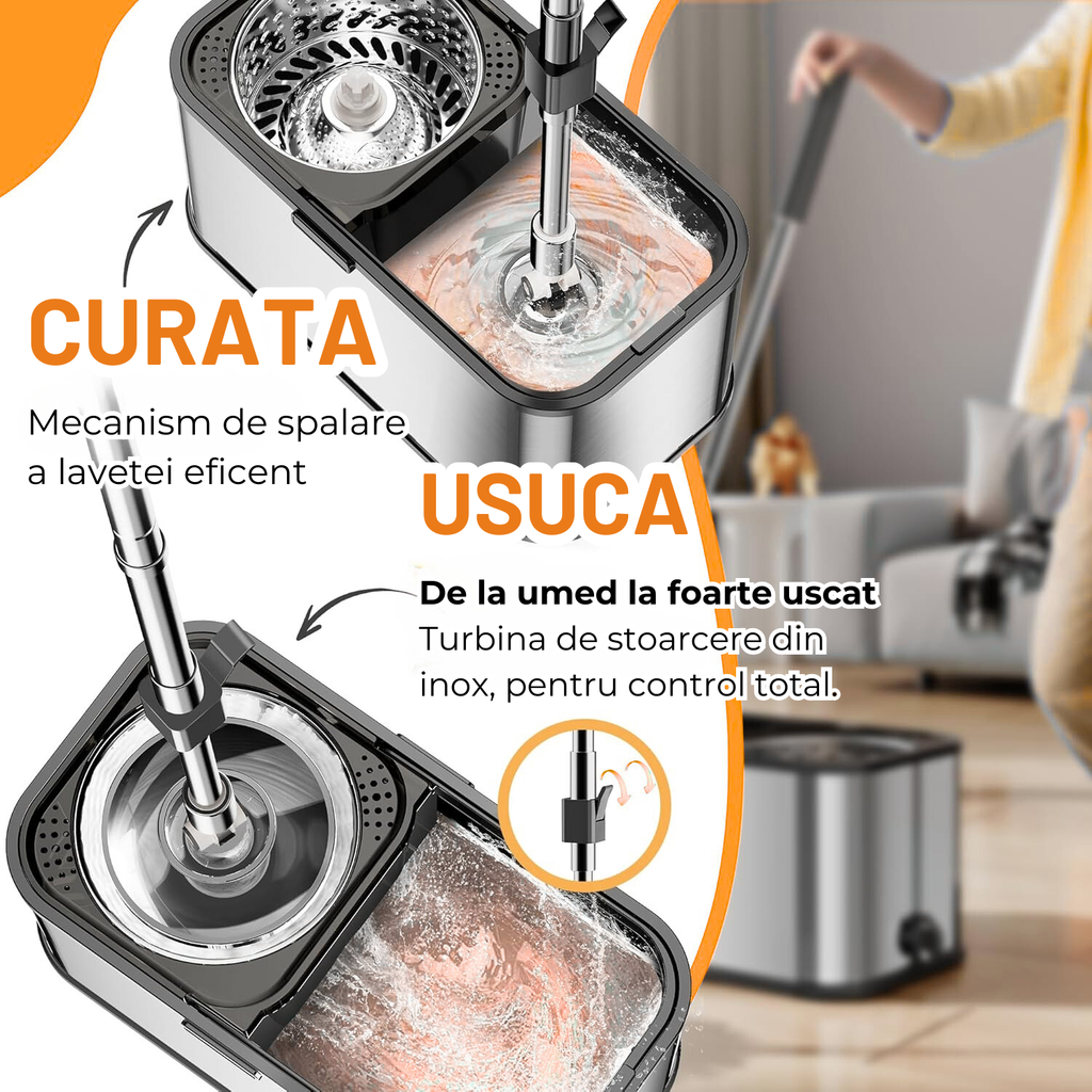 Găleată din inox antibacterian cu centrifugă a mopului Dreamramp® Inox Integral Argintiu