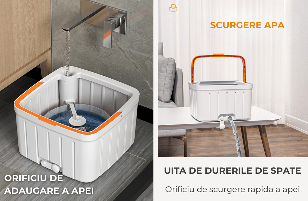Mop rotativ Dreamramp® Rotund Alb-Portocaliu cu găleată cu două compartimente