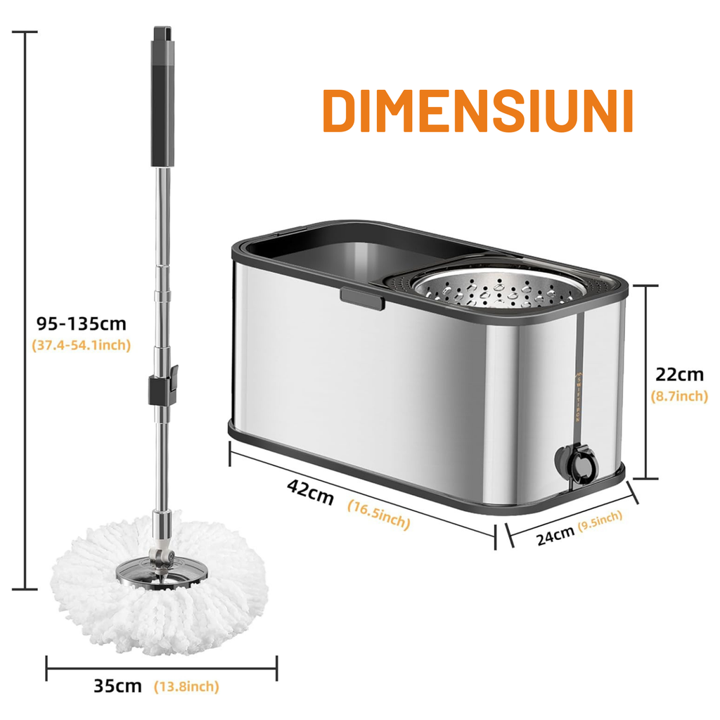Setul de mop rotativ cu găleată argintie din inox Dreamramp®, vedere de ansamblu