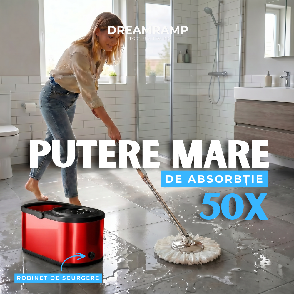 Rezervă din microfibră montată pe mopul rotativ Dreamramp® Inox Roșu, în timpul spălării