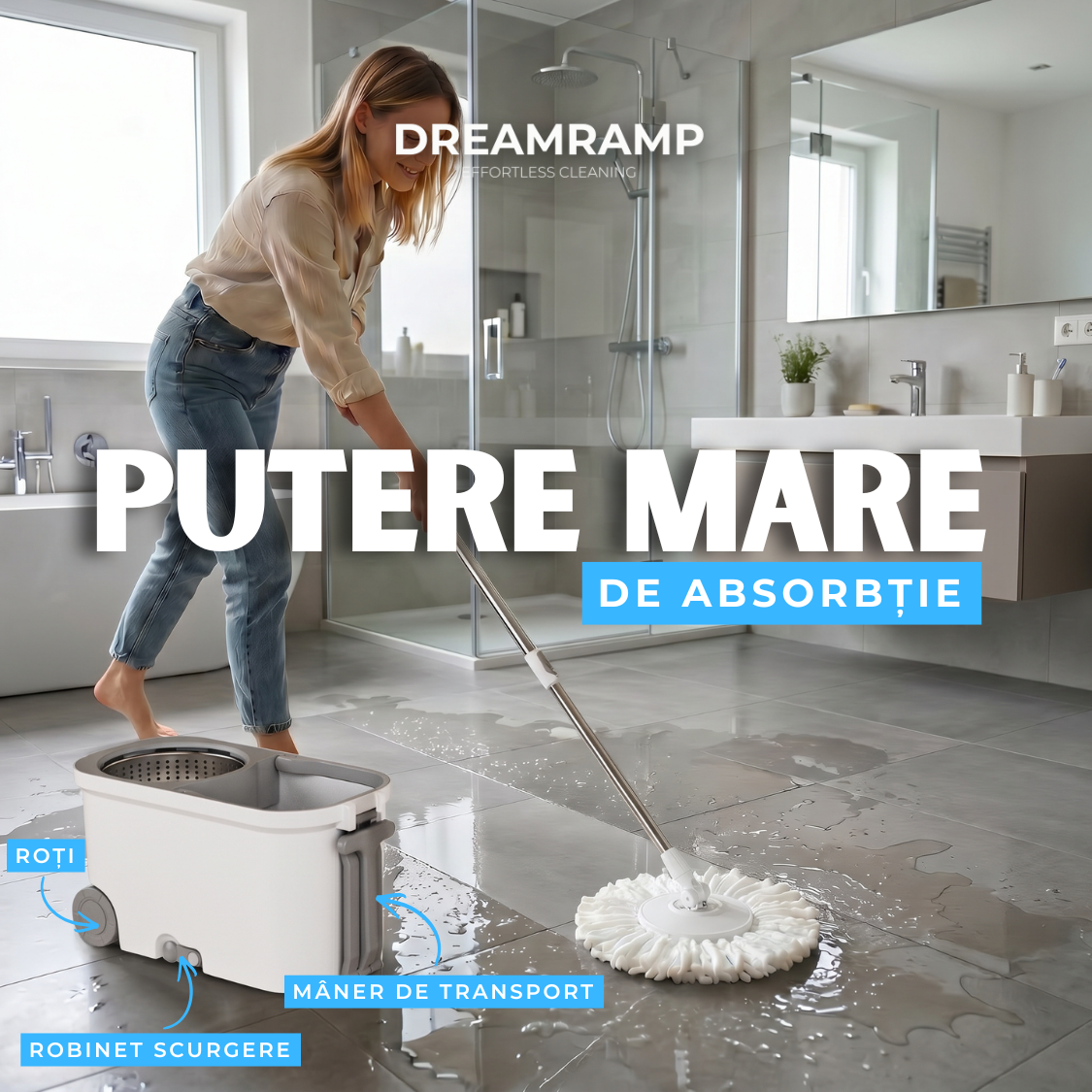Găleată cu mop Dreamramp cu roți și centrifugă din inox – imagine 2