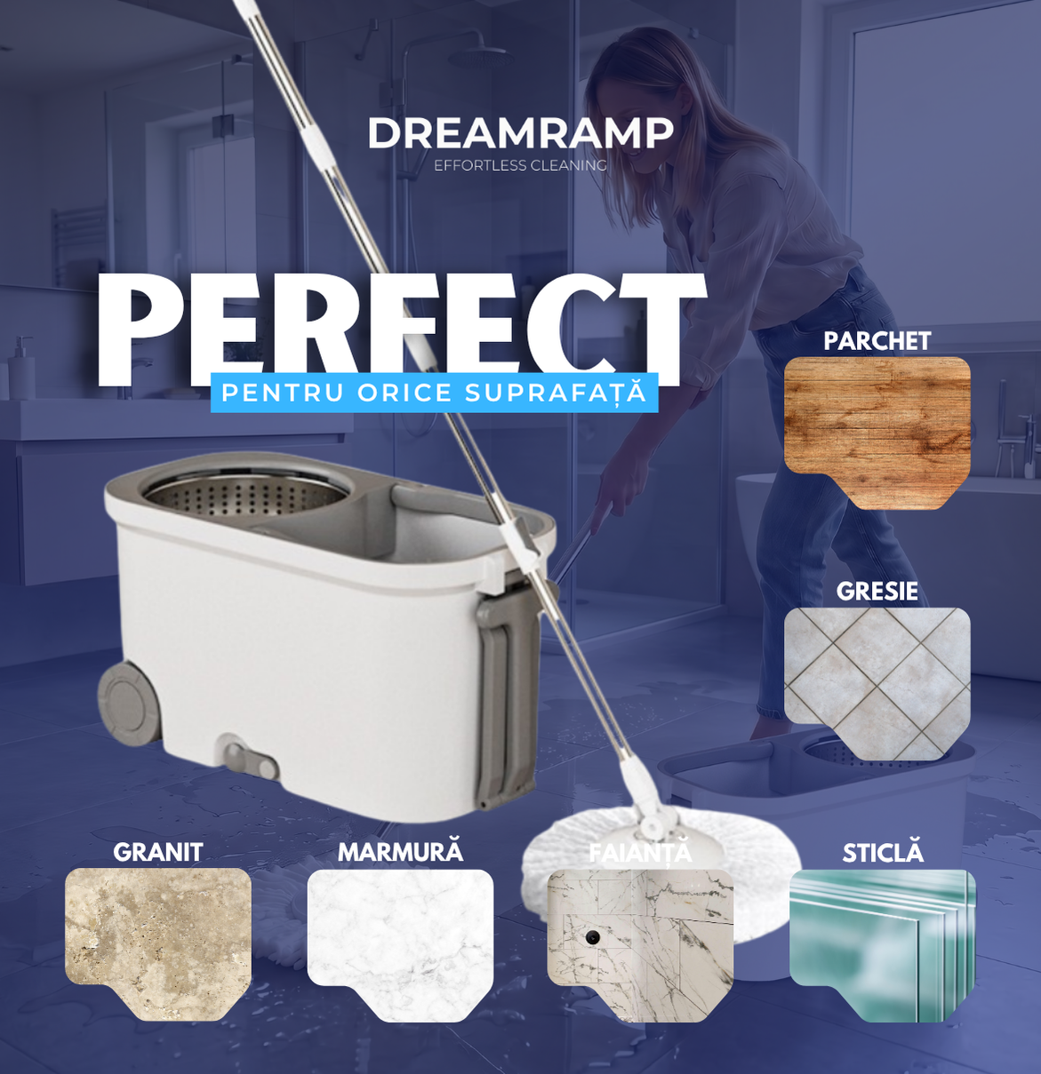 Găleată cu mop Dreamramp cu roți și centrifugă din inox – imagine 7