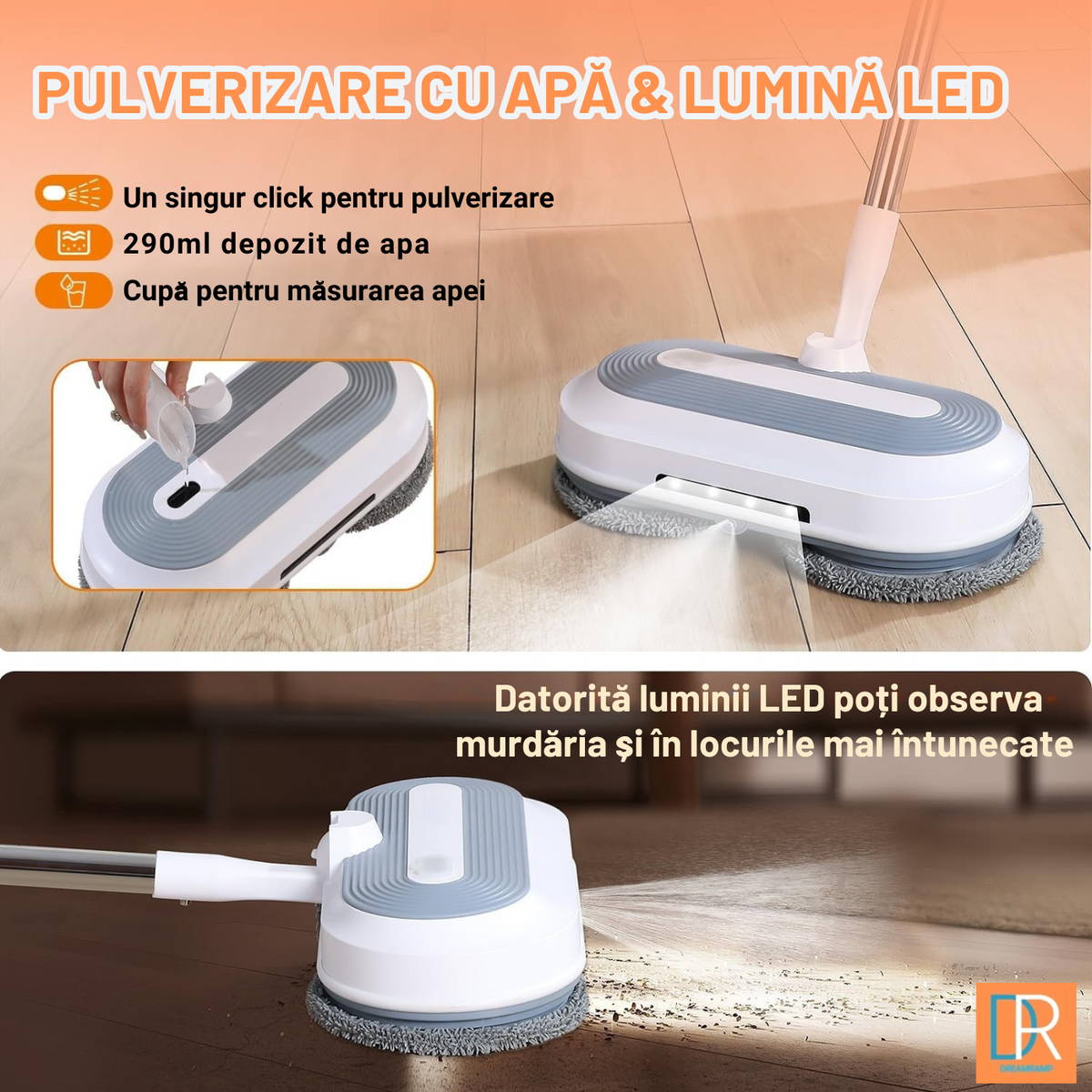 Mopul electric rotativ Dreamramp® cu pulverizator și LED, pe care se montează rezervele