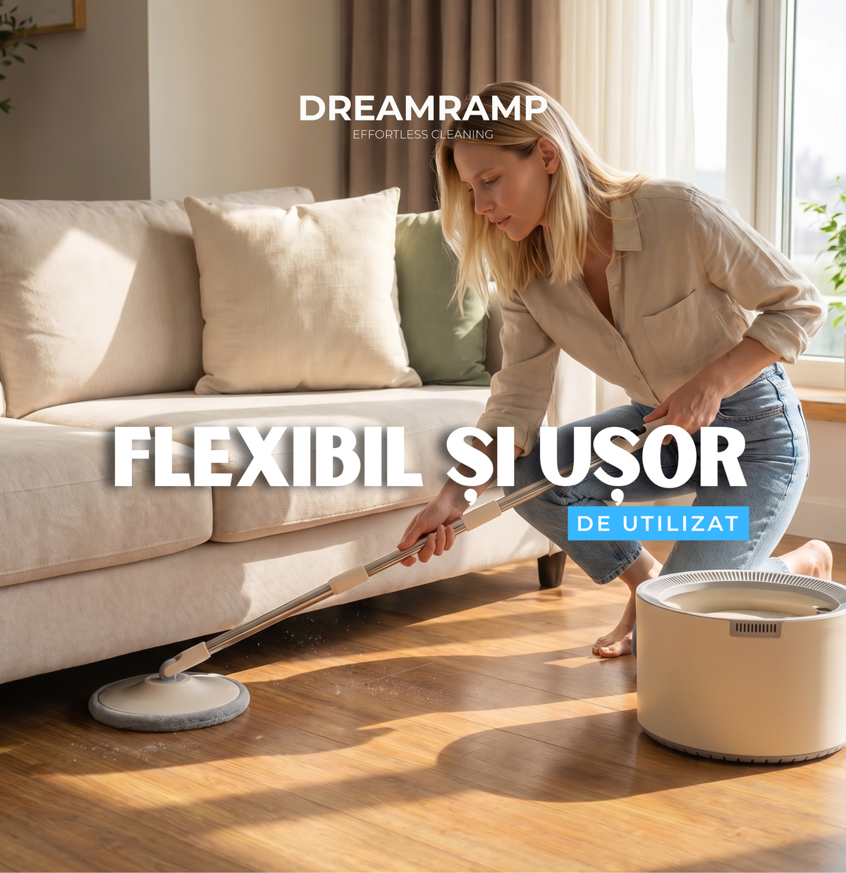 Curățarea sub canapea cu mopul rotativ Dreamramp® PRO