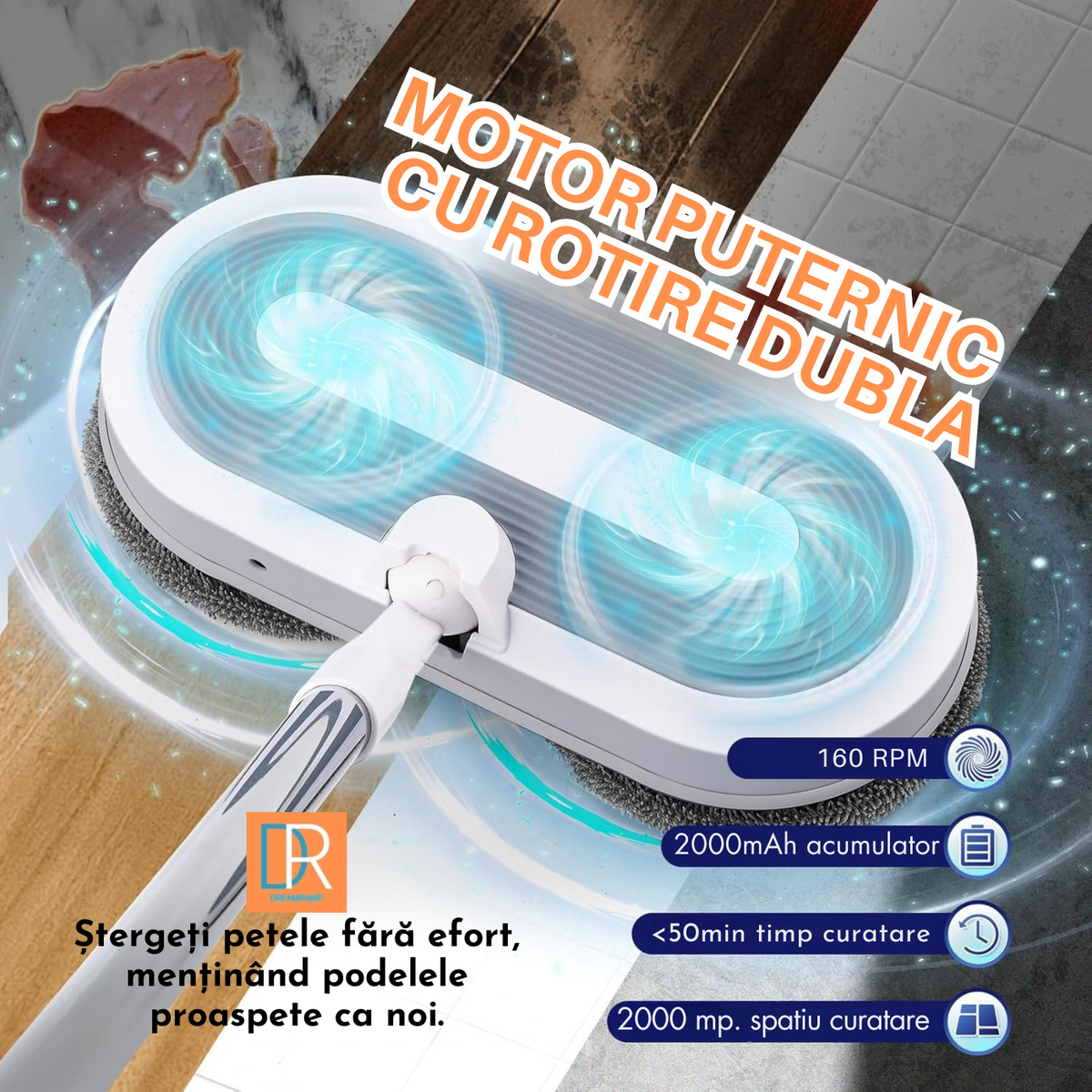 Rezervorul de apă și butonul de pulverizare ale mopului electric Dreamramp®