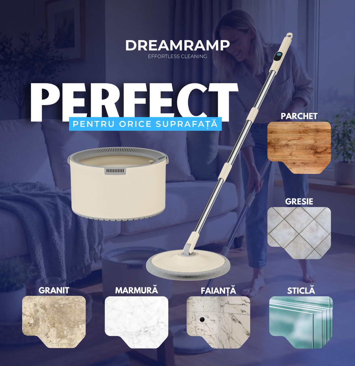 Mopul Dreamramp® PRO pe parchet, gresie, marmură și alte suprafețe