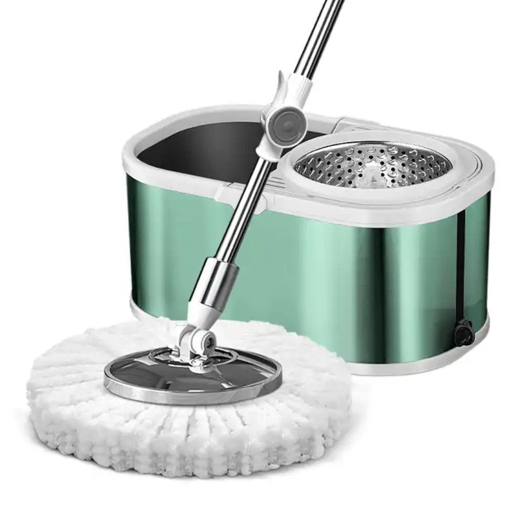 Mop rotativ cu găleată ovală din inox verde pe roți Dreamramp