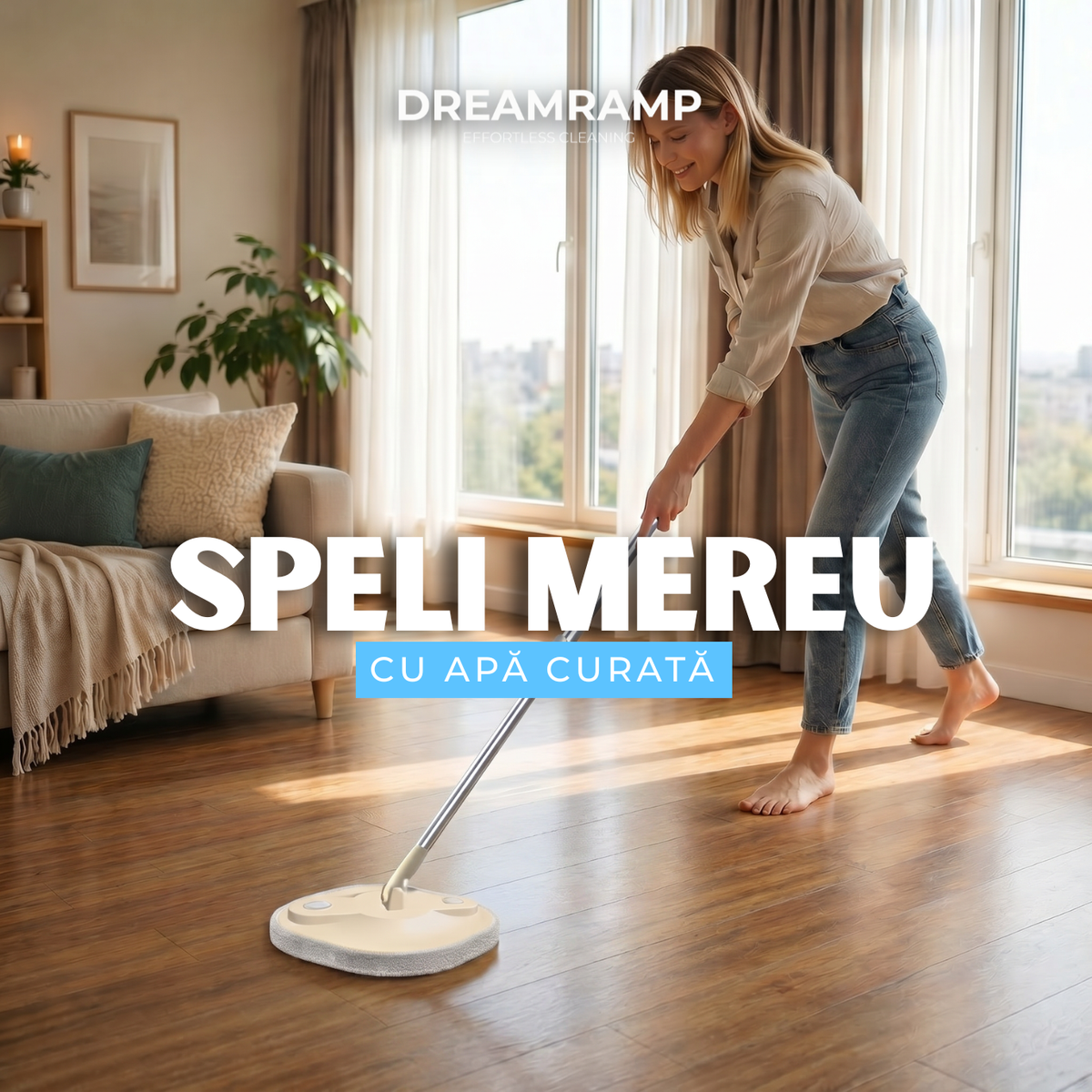 Mop rotativ SOFT Bej pe parchet, în living