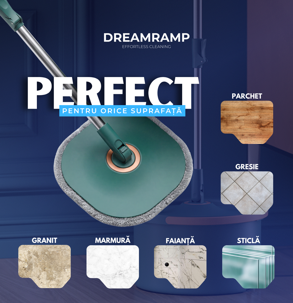 Mop rotativ cu găleată Dreamramp ONE cu compartimente pentru apă curată și murdară – imagine 4