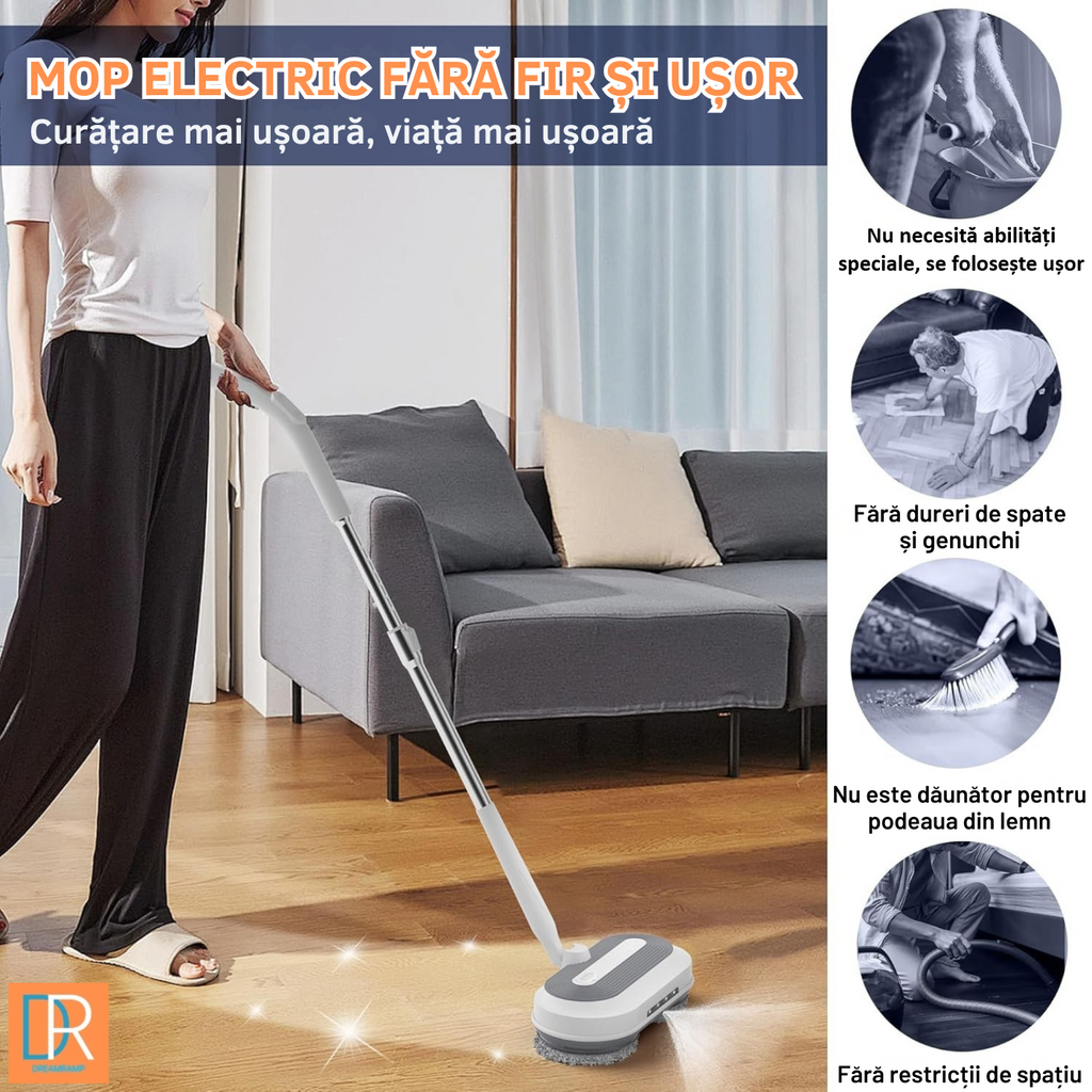 Mopul electric rotativ Dreamramp® cu pulverizator și LED folosit pe parchet