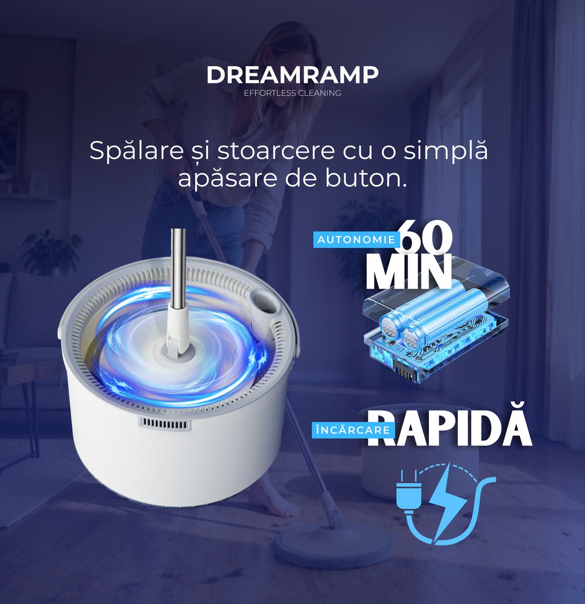 Sistemul de curățare a lavetei din găleata electrică a mopului Dreamramp® PRO