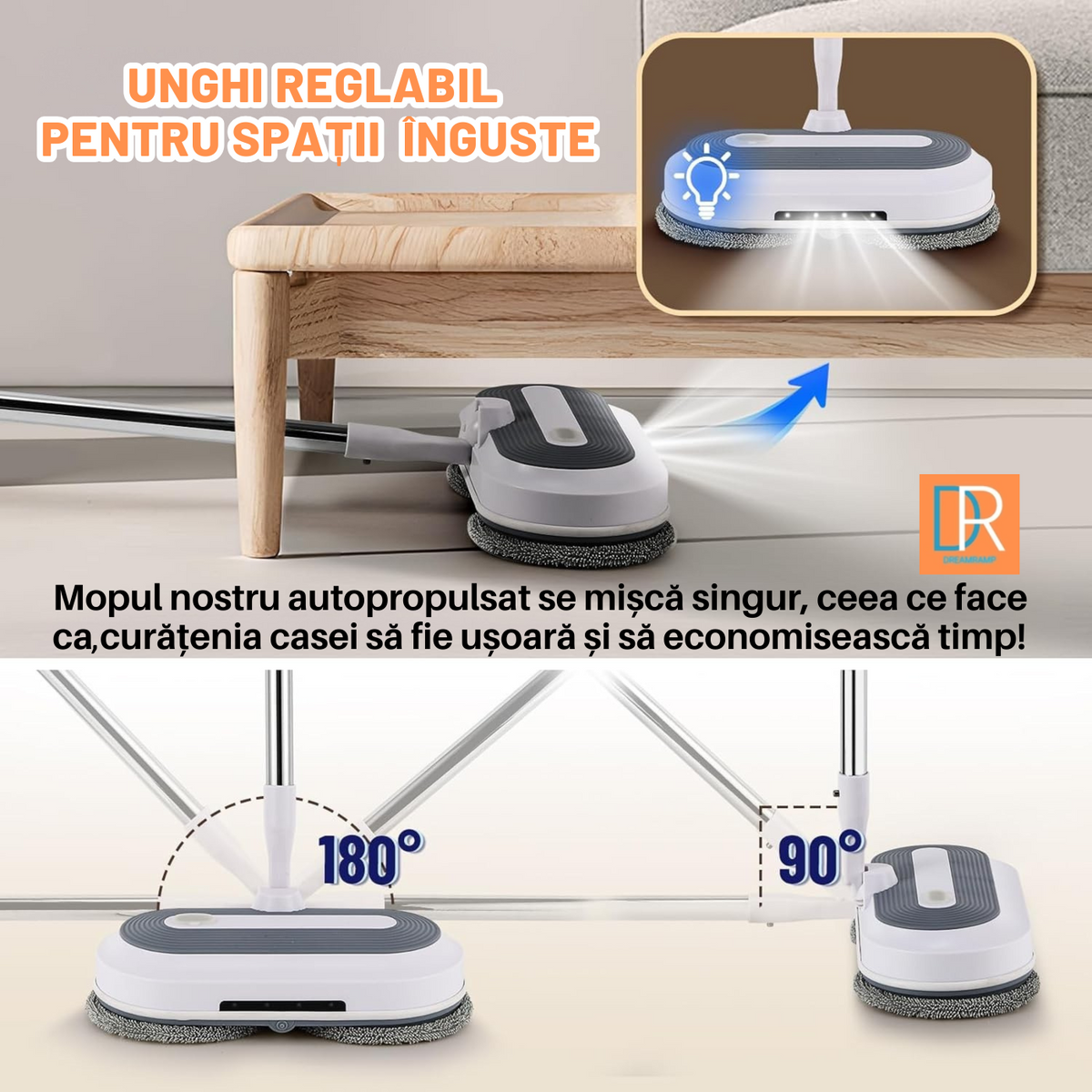Rezerve din microfibră pe mopul electric Dreamramp® cu unghi reglabil, pentru spații înguste