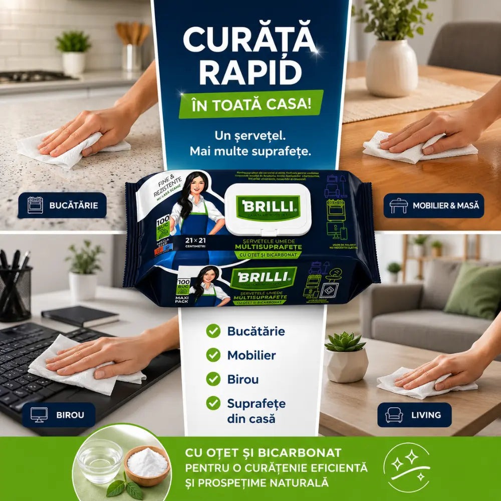 Șervețele umede multisuprafețe cu oțet și bicarbonat, vedere de ansamblu a pachetului
